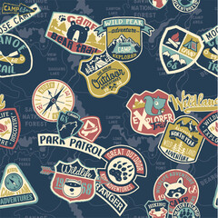Fototapeta premium Cute outdoor adventure camping badge patchwork abstract vector print seamless pattern for children wear shirt pajamas