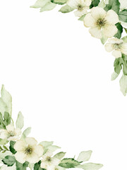 Naklejka premium Watercolor card with green forest foliage and flowers.