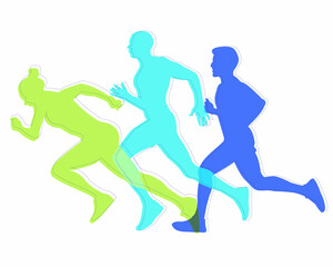 Sports athletics, running. Healthy lifestyle. Silhouettes of running people in the color blue, light blue, green. For the design of banners, posters, sports topics.