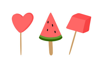 Watermelon cube on toothpick clipart, summer ripe fruit. Watermelon party.