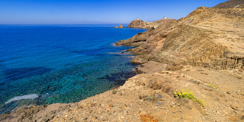 Fototapeta premium Columnar Jointing Structures Of Punta Baja, Lava Flows, Volcanic Rocks, Cabo de Gata-Níjar Natural Park, UNESCO Biosphere Reserve, Hot Desert Climate Region, Almería, Andalucía, Spain, Europe