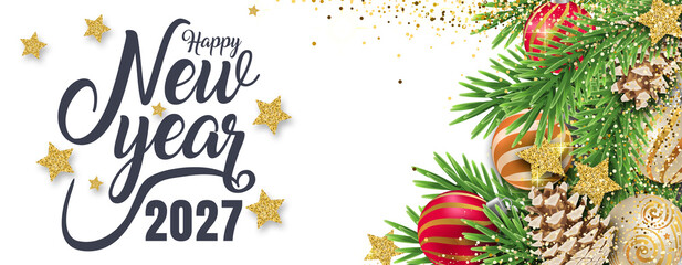 2027 Happy New Year in golden design, Holiday greeting card design.