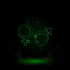 A large green outline gender symbol on the center. Green Neon style. Neon color with shiny stars. Vector illustration on black background