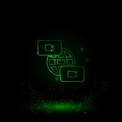 A large green outline videoconference symbol on the center. Green Neon style. Neon color with shiny stars. Vector illustration on black background
