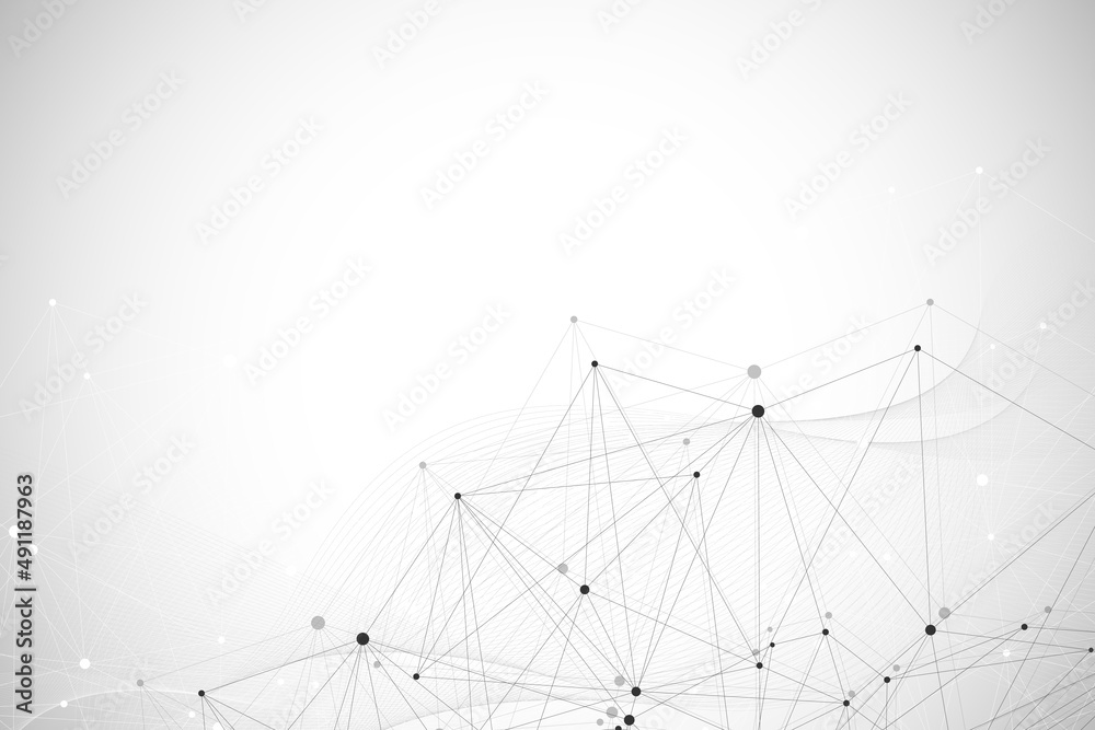 Poster Abstract plexus background with connected lines and dots. Wave flow. Plexus geometric effect Big data with compounds. Lines plexus, minimal array. Digital data visualization, illustration
