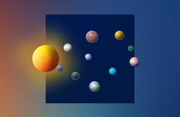 3D illustration of colored planets circling an orange bright globe