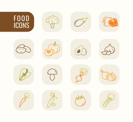 Food healthy outline icons. Vegetables thin line vector set. Infographic for app design.