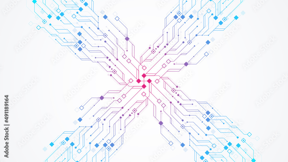 Leinwandbilder Modern technology circuit board texture background design illustration. Quantum computer technologies concepts, large data processing. Futuristic blue circuit board background