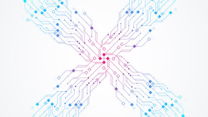 Fototapeta premium Modern technology circuit board texture background design illustration. Quantum computer technologies concepts, large data processing. Futuristic blue circuit board background