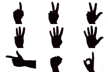 Count down background. Hand gesture numbers. Symbolic counting with hand. Simple fingers isolated. One, two, three, four and open palm for five. Silhouette black signs isolated on white.