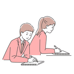 机で勉強をする学生たち　3色