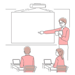 パソコンやタブレットを使用した教室の授業風景　ICT教育　3色