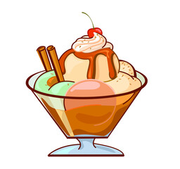 Sundae,  ice cream dessert. Vector illustration of melba on white background