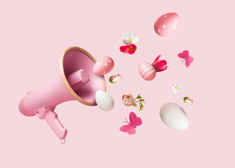 Pink megaphone with colorful summer flowers and Easter eggs against pastel blue background....