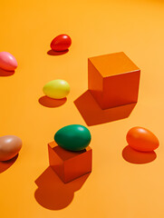 Colorful eggs and cubes on vibrant orange background. Creative Easter holiday or food concept. Geometrical and surreal arrangement of the group of multicolor eggs.