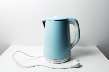 Close-up of blue electric kettle on table, on white background.