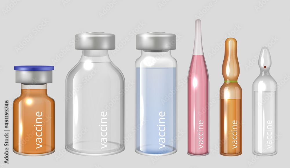 Sticker Vaccine ampules. Medical liquid drugs pharmaceutical injection in transparent glass ampules decent vector realistic illustrations