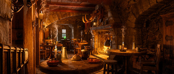 3D illustration wide panorama of a fantasy medieval tavern with food and drink on tables around an open fireplace. - obrazy, fototapety, plakaty