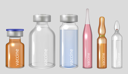 Vaccine ampules. Medical liquid drugs pharmaceutical injection in transparent glass ampules decent vector realistic illustrations