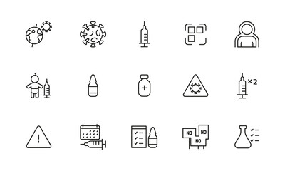 Vaccination icon. Syringe injection at covid 19 bacteria destroyed medical treatment people health protection garish vector linear symbols of vaccination