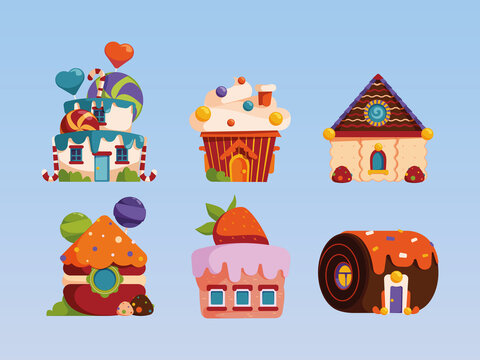 Candy houses. Sweets fantasy cakes with delicious liquid cream bakery products cookies from fairytale garish vector colored pictures in flat style