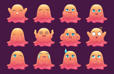 Slime creatures. Jelly cute characters with big funny eyes different emotions expression persons exact vector game pictures