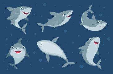 Smile shark. Cartoon cute ocean swimming wild animal funny underwater mascots in various dynamic poses exact vector illustrations