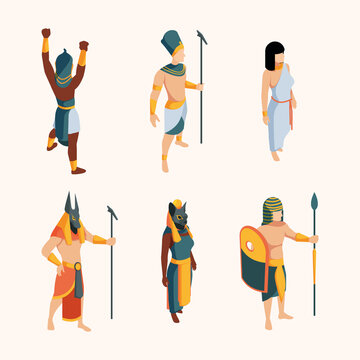 Egypt characters. Ancient isometric persons gods pharaoh sculpture landmarks antique statue garish vector egyptian people