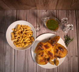 Grilled chicken in American style, crapaudine, devil sauce, vegetable tempura. High quality photo