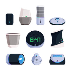 Smart music devices. Web connection voice audio speakers sound controllers for smart home garish vector cartoon illustrations collection