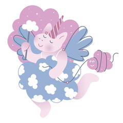 A magical cute unicorn on a cloud with a magic wand. Happy. Flat vector illustration. Isolated.