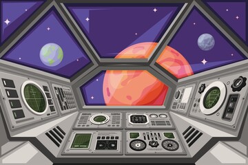 Spaceship cabin. Futuristic interface of spacecraft with user dashboard panels controlling systems garish vector cartoon background © ONYXprj