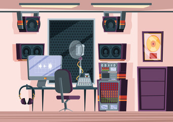 Music record studio. Interior with acoustic walls and sound production instruments microphone speaker amplifier radio mixer garish vector background