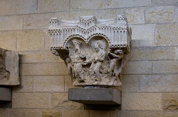 Decorative stone carving on a well-preserved top of a Byzantine period column on display in the...