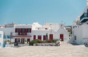 Fototapeta na wymiar Mykonos Greek island welcome travelers to experience ancient history, different flavors, and relaxation, along with everyday lifestyle to share their history, tastes, warmth, feelings and experiences