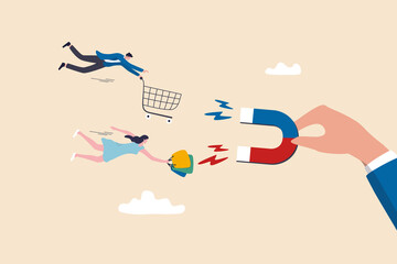 Customer magnet or marketing to attract customer back to buy again, retention or sale strategy to draw client, advertising campaign concept, store owner hand with horseshoe magnet to attract customers