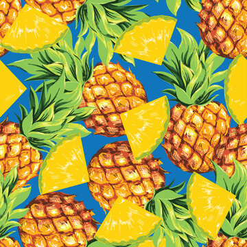 Pineapples. Seamless pattern with ripe and fresh tropical fruits. Vector image.