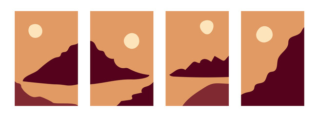 Abstract mountain landscape poster set. Contemporary minimalist nature background. Sunset over hiils. Vector illustrations