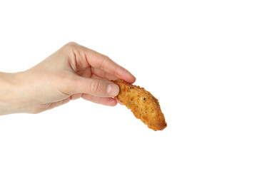Female hand holds chicken strip, isolated on white background