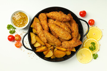 Concept of tasty food with Chicken strips, top view
