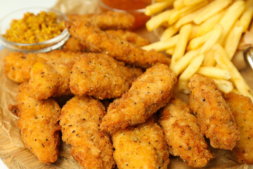 Concept of tasty food with Chicken strips, close up