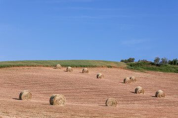 New bales of hay carefully arranged on the Tuscan hill after seasonal harvesting. Val d'Orcia, Italy