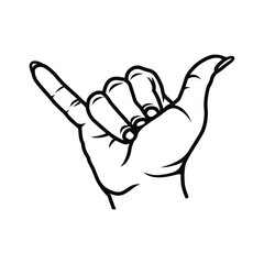 Shaka hand, on white background. Design element for logo, poster, card, banner, emblem, t shirt. Vector illustration