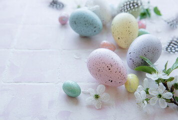 Naklejka na ściany i meble Colorful Easter eggs on tile background