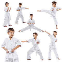 Fototapeta na wymiar Collage of little boy, child in white kimono practising, training martial arts, karate isolated over white background
