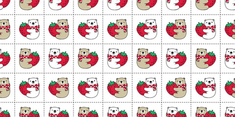 bear seamless pattern polar strawberry fruit vector teddy checked dash line pet cartoon repeat wallpaper scarf isolated tile background doodle illustration design clip art