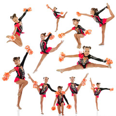 Portraits of three girls, children, cheerleaders training isolated over white background. Collage