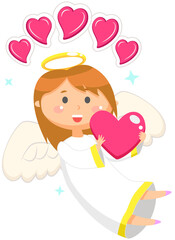 Cute happy angel with wings holding heart in hands. Peaceful little girl giving love, hope and peace. Small spiritual being, divine creature in romantic style. Valentine angel with pink hearts