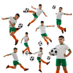 Portrait of boy, child, football player in uniform training isolated over white background. Collage