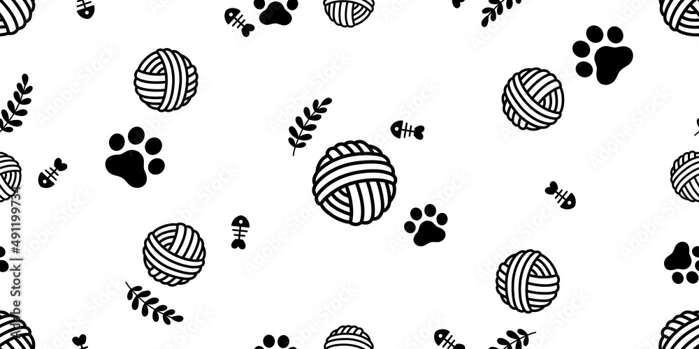 Wall mural yarn ball seamless pattern dog paw cat footprint leaf fish bone french bulldog vector puppy kitten p